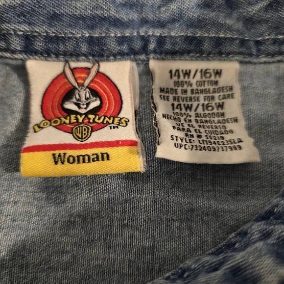 Looney Tunes Tweedy Embroidered Short Sleeve Women's Denim Button-down 14W/16W - Picture 2 of 8